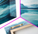Serene Lake Reflection, lake Tahoe art, panoramic painting, above couch art, blue and green wall art, Framed Canvas Print