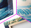 Jungle Waterfall View, tropical landscape painting, botanical prints, blue and green wall art, canvas print, extra wide art