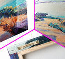Ocean Cliff Path, coastal landscape art, pine tree art, rustic wall art, blue and green wall art, framed canvas, above bed wall art