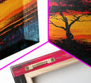 African Sunset Framed Canvas Print | Savanna Landscape Painting | Tree Silhouette Wall Art | Warm Sunset Decor | Rustic Home Art
