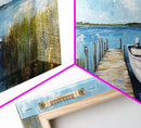 Lakeside Dock Framed Canvas Print Tranquil Waterfront Art Boat Painting Relaxing Cabin Decor Nautical Wall Art Rustic Living Room