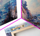 Rocky Shoreline Framed Canvas Print Vibrant Coastal Wall Art, Textured Ocean Scene, Sunset Beach Painting, Modern Boho Decor