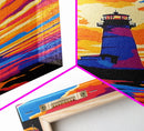 Lighthouse Glow, Coastal Landscape, Framed Canvas Print, Ocean Wall Art, Beach House Painting, Seaside Sunset, Living Room Decor
