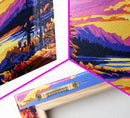 Log Cabin, River Sunset, Cozy Home Decor, Vibrant Nature Art, Framed Canvas Print, Rustic Wall Artwork, Mountain Scene