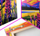 Mountain Meadow, Lupine Flowers, Vibrant Sunset, Framed Canvas Print, Colorful Landscape Art, Nature Wall Decor, Boho Home Art