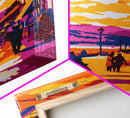 Sunset Village, Walkway, Framed Canvas Print, Mediterranean Street Art, Colorful Cityscape, Urban Wall Decor, Warm Tones