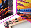 Forest Sunset Path, Tranquil Woodland Scene, Vibrant Landscape Art, Cozy Nature Wall Decor, Framed Canvas Print, Autumn Living Room Art