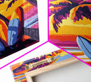Surf Shack, Tropical Landscape, Sunset Beach, Framed Canvas Print, Boho Wall Art, Coastal Home Decor, Vibrant Surfing Aesthetic