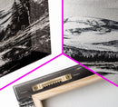 Snowy Peak, Mountain Reflection, Black White Nature, Adventure Landscape, Cabin Decor, Hiking Art, Framed Canvas Print