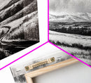 Winter Landscape, Black White, Scenic Country Road, Framed Canvas Print, Serene Nature Art, Rustic Wall Decor, Bedroom Artwork
