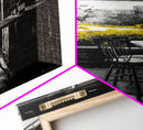 Rustic Cabin View, Black and White with Yellow Accents, Cozy Country Home Art, Framed Canvas Print, Living Room or Dining Room Decor