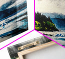 Coastal Wilderness, Green Cliffs and Water, Framed Canvas Print, Modern Nature Art, Living Room Wall Art, Bold Landscape Painting, Serene Decor