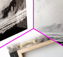 Misty Ocean, Coastal Hills, Foggy Landscape, Framed Canvas Print, Black and White Art, Monochrome Painting, Nature Wall Art, Office Decor