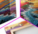 Rainbow Cliff, Ocean Waves, Sunset Coast, Framed Canvas Print, tropical beach decor, vibrant boho wall art, coastal entryway painting