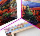 Desert, Mountains, Bold, Colors, Framed Canvas Print with red rock trail, southwest boho decor, hallway art, vibrant mountain landscape