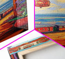 Train Seaside, Pathway Charming — Framed Canvas Print, whimsical travel artwork, Mediterranean street painting, kitchen decor, coastal scene