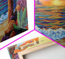 Sunset Beach, Waves, Colorful sunset beach seascape with waves and mountain view, Canvas Print, tropical coastal wall decor