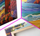 Ocean Cliffside, Flowers, Canvas Print, Colorful beachscape painting, Bathroom Wall Art, vibrant coastal decor,beach flower wall art