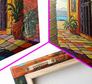 Courtyard Villa, Colorful, Tiles, Framed Canvas Print, Spanish villa artwork, warm terra cotta boho decor, kitchen or hallway wall art