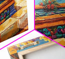 Tile Garden, Water, Feature, Framed Canvas Print Bright terracotta planter wall art, outdoor courtyard or patio decor, folk painting