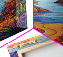 Beach, Sunset, Tropical, Floral Framed Canvas Print, Coastal Living Room Wall Art, Island Paradise Decor, Vibrant Summer Artwork