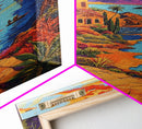 Coastal Village, Pathway, Sunset, Framed Canvas Print, Mediterranean coastal art, colorful landscape painting, boho living room wall decor