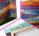 Seaside Sunset, Cliff, Dramatic Clouds Framed Canvas Print, Vibrant Ocean Wall Decor, Bathroom Beach Art, Coastal Expressionism