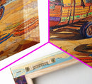 Wagon Ocean, Boho, Beach Scene With Hat Art, Framed Canvas Print, Eclectic Living Room Wall Art, Summer Coastal Decor, Vibrant Colors
