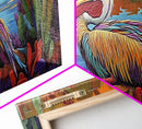 Colorful Pelican, Tropical Bird, Lake Wildlife, Autumn Palette, Framed Canvas Print, Boho Nature Wall Art, Dining Room Bird Artwork