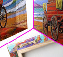 Wagon Beach, Country Ocean, Sunset Retreat, Rustic Cart, Framed Canvas Print, Farmhouse Coastal Art, Entryway Western Decor