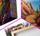 Coastal Forest Walk, Vibrant Landscape Painting, Ocean View Trail, Autumn Decor, Framed Canvas Print, Hallway Wall Art