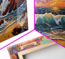 Sunset Beach Waves, Dramatic Ocean, Bold Skies, Framed Canvas Print, Entryway Wall Art, Nature Escape, Colorful Beach Scene