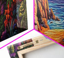 Coastal Path, Sunset Beach, Ocean Rocks, Canvas Print, Colorful Seascape Wall Art, Beach House Decor, Tropical Boho Living Room Art