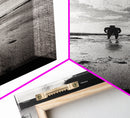 Lone Beach Walker, Dramatic Sky, Ocean Reflections, Solitude Moment, Framed Canvas Print, Hallway Wall Art, Moody Minimalist Decor