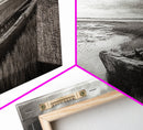 Abandoned Boat, Coastal Marsh Scene, Sepia Seascape, Framed Canvas Print, Living Room Wall Art, Moody Autumn Nautical Decor