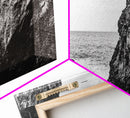 Rocky Coast View, Ocean Cliffs Art, Coastal Wilderness, Monochrome Seascape, Canvas Print, Bathroom Wall Art, Rustic Minimalist Style