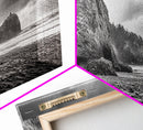 Coastal Rocks, Forest Cliffs, Moody Ocean, Framed Canvas Print, Pacific Northwest Wall Art, Dramatic Seascape, Autumn Nature Photography