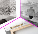 Man On Shore, Thoughtful Walk, Ocean Wanderer, Framed Canvas Print, Minimalist Fall Art, Bedroom Decor, Moody Coastal Scene