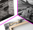 Driftwood Coastal Trail, Cliffside Path Nature Art, Rustic Cabin Style, Black White Photography, Framed Canvas Print, Hallway Wall Decor