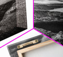 Crater Overlook Coast, Stormy Sky Mountains, Ocean Cliffs, Rugged Wilderness, Canvas Print, Den Wall Art, Moody Black and White Art