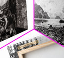 Rocky Shore, Ocean Vista, Misty Wilderness, Framed Canvas Print, Nature Wall Art, Monochrome Landscape, Cabin or Office Decor