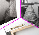 Abandoned Pier, Lakeside Shack, Black and White Marsh, Framed Canvas Print, Rustic Entryway Art, Minimalist Coastal Cabin Decor