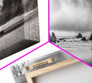 Misty Coastline, Dramatic Shore, Moody Ocean Scene, Framed Canvas Print, Coastal Living Room Art, Black and White Nature Decor