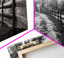 Tree Tunnel, Country Path, Fence Shadows, Framed Canvas Print, Black and White Nature Art, Rustic Wall Art, Autumn Entryway Decor