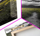 Yellow Field, Mountain Trail, Alpine Meadow, Bright Sky Framed Canvas Print, nature lover gift, landscape wall decor, cabin wall art