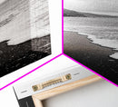 Black Sand, Ocean Foam, Rocky Shoreline, Coastal Serenity, Framed Canvas Print, Monochrome Wall Art, Bathroom Decor, Beach Minimalist