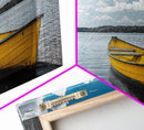 Yellow Rowboat, Calm Waters, Blue Sky, Sunny Lake – Framed Canvas Print, Summer Wall Art, Coastal Decor, Modern Nautical Style
