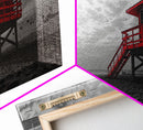 Red Lifeguard Tower, Beachscape, Dramatic Sky, Coastal Life, Framed Canvas Print, Modern Beach Wall Art, Bold Bathroom Decor