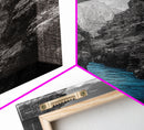 Canyon Bridge, Blue River, Yellow Figure, Framed Canvas Print, Bold Color Photography, Dramatic Landscape, Office Statement Art