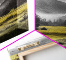 Yellow Meadow Valley, Foggy Mountain Scene, Serene Landscape Photography, Framed Canvas Print, Nature Lover Living Room Wall Art